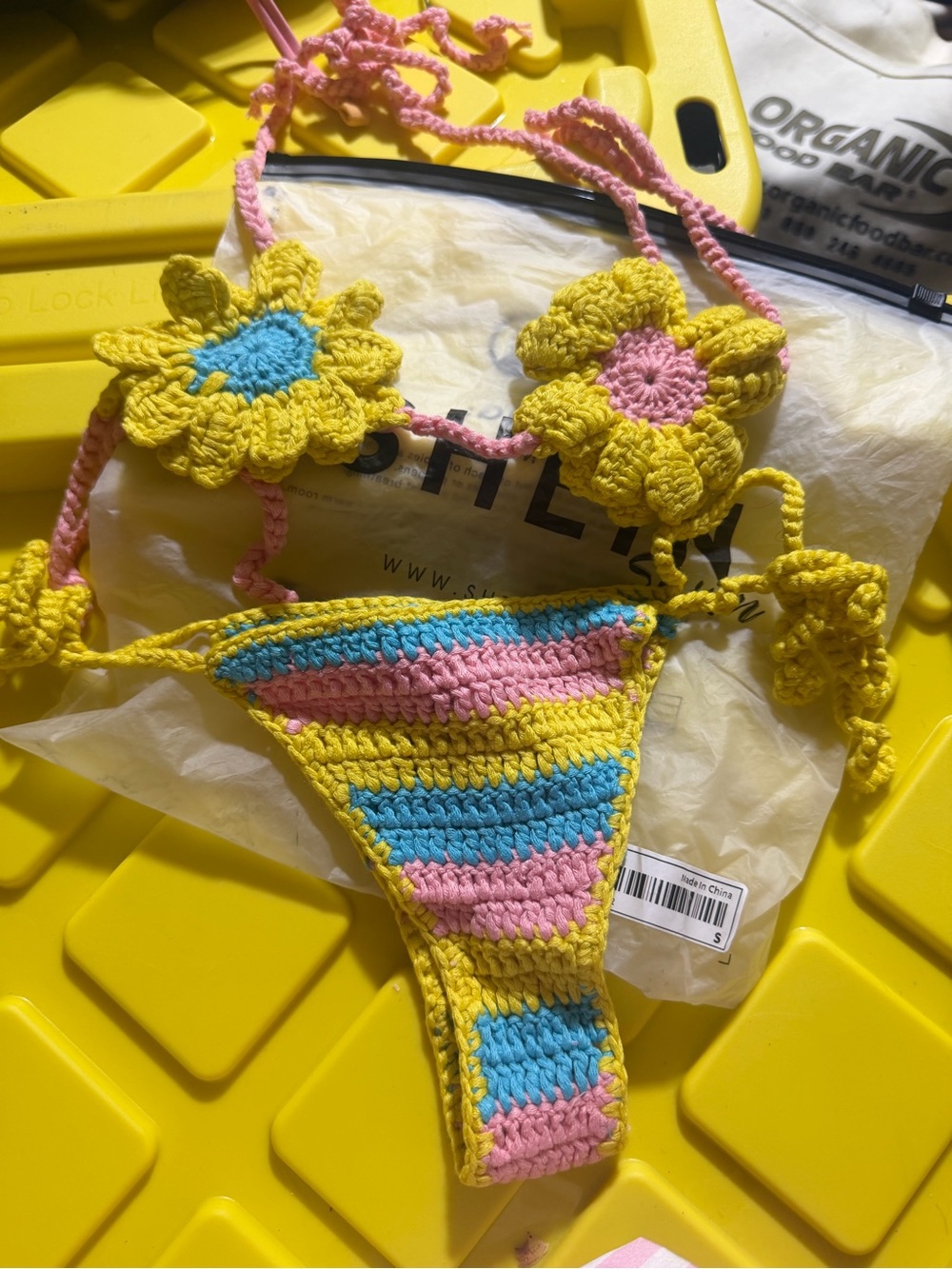 SHEIN Yellow Pink Blue Crochet Flower Bikini